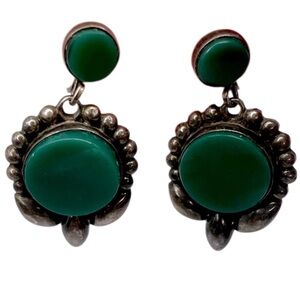 Vintage Mexico Sterling Silver Green Stone Screw Back Earrings Palco